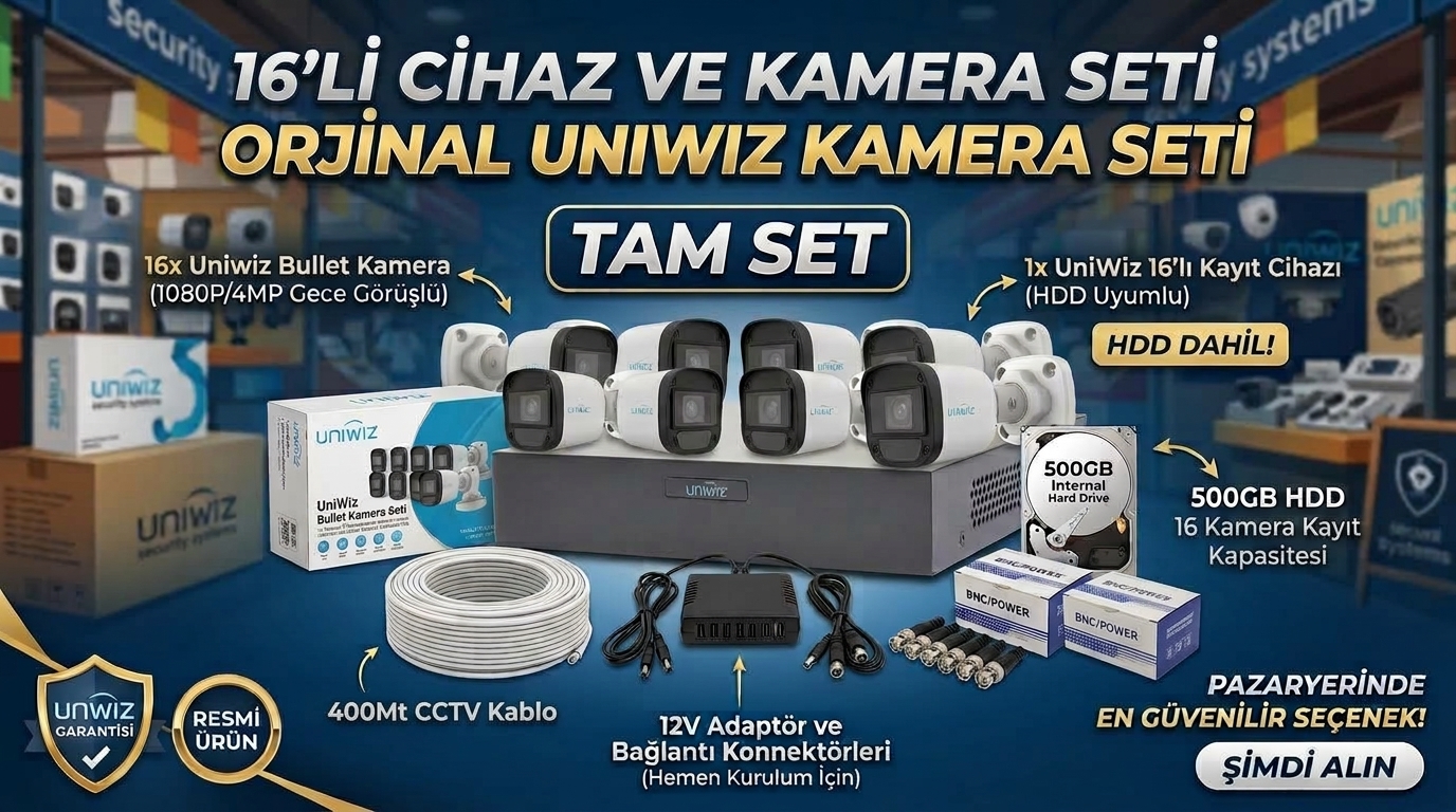 16 Kameralı UNIWIZ AHD Kamera Seti - TAM SET (500GB HDD + 400M Kablo Dahil)