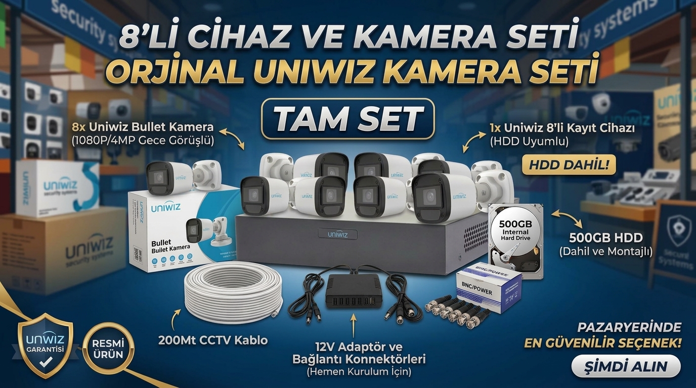 8 Kameralı UNIWIZ AHD Kamera Seti - TAM SET (500GB HDD + 200M Kablo Dahil)