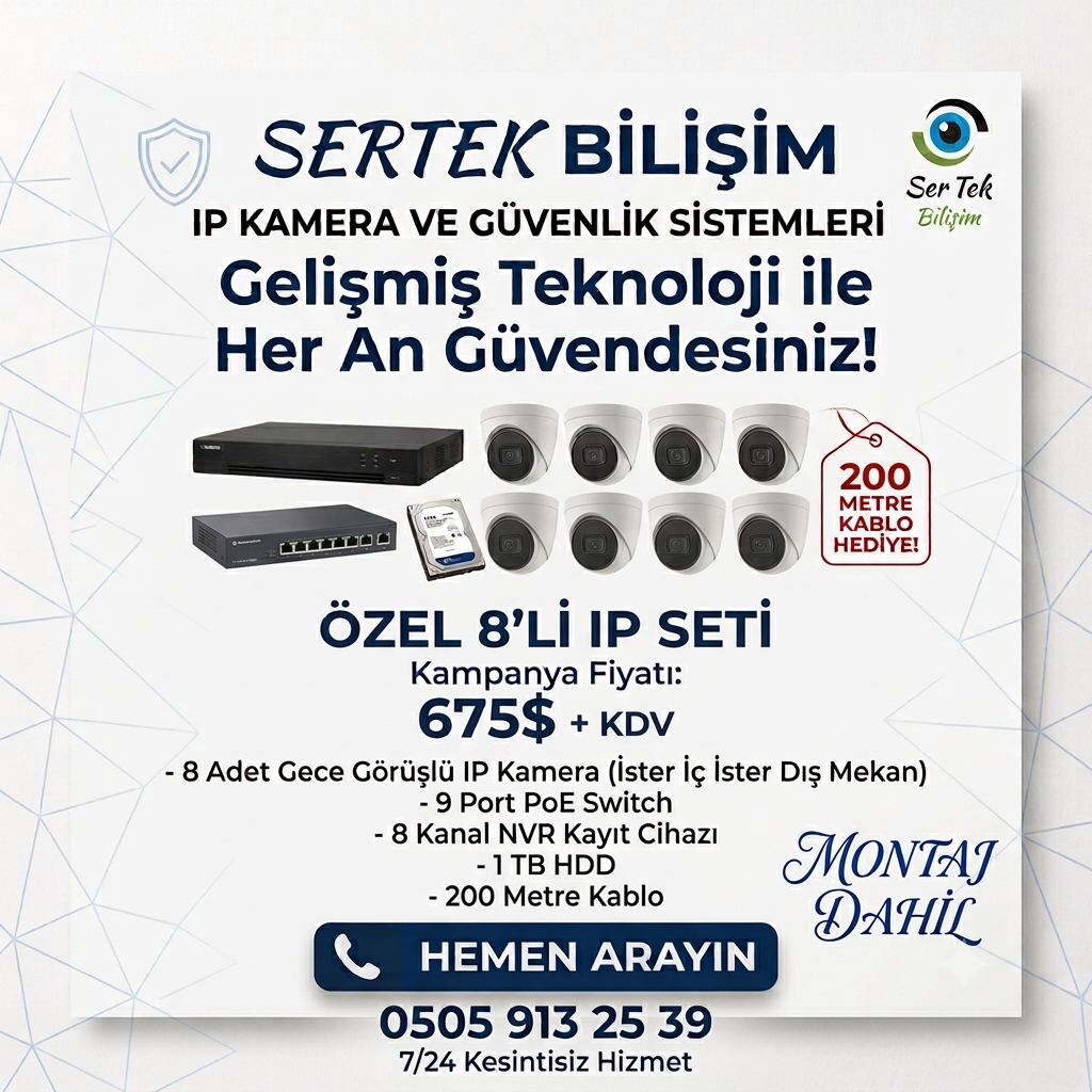 8 Kanal IP Kamera Güvenlik Seti Montaj Dahil