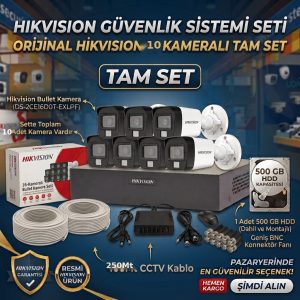 10 Kameralı HIKVISION Smart Hybrid Light AHD Kamera Seti - TAM SET (500GB HDD + 250M Kablo Dahil)