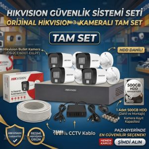 3 Kameralı HIKVISION Smart Hybrid Light AHD Kamera Seti - TAM SET (500GB HDD + 75M Kablo Dahil)