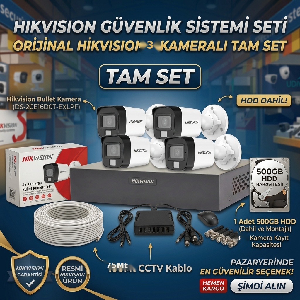 3 Kameralı HIKVISION Smart Hybrid Light AHD Kamera Seti - TAM SET (500GB HDD + 75M Kablo Dahil)