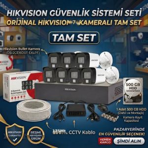 7 Kameralı HIKVISION Smart Hybrid Light AHD Kamera Seti - TAM SET (500GB HDD + 175M Kablo Dahil)
